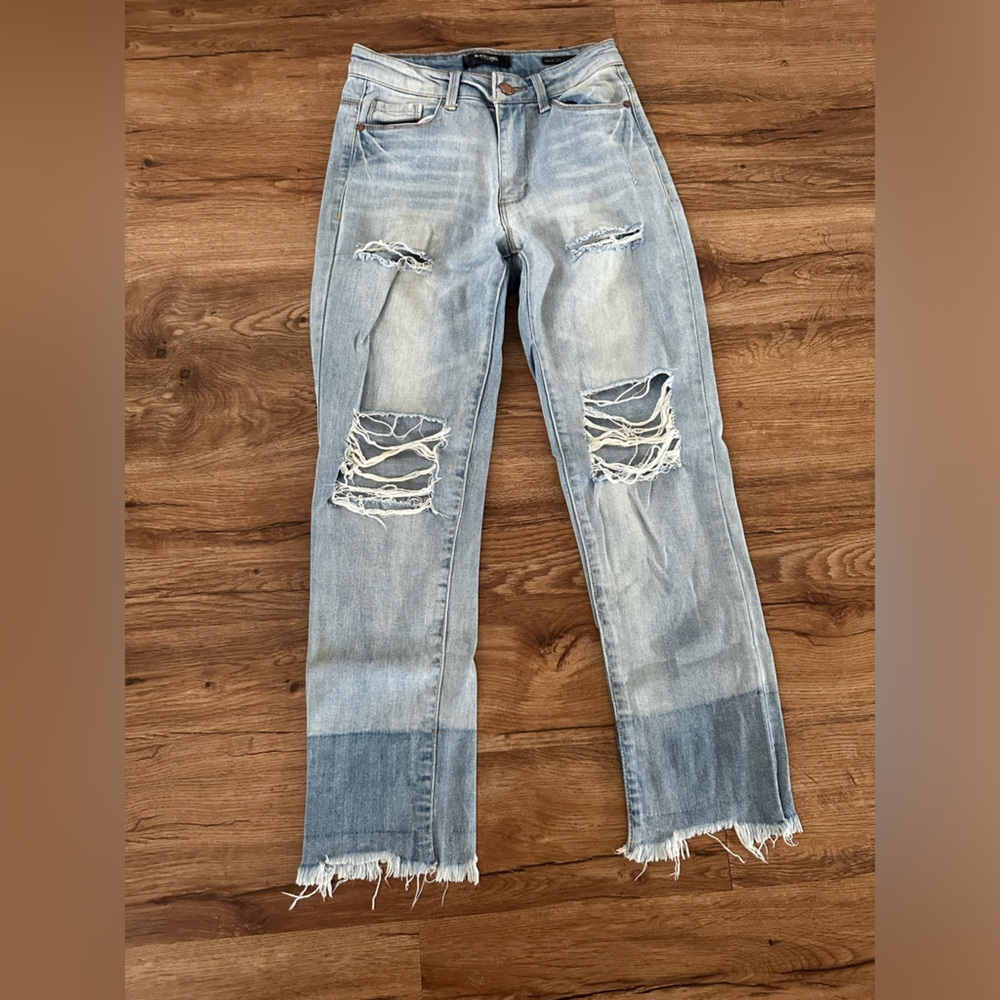 Black Label High Rise Distress Two Tone Boyfriend Jean